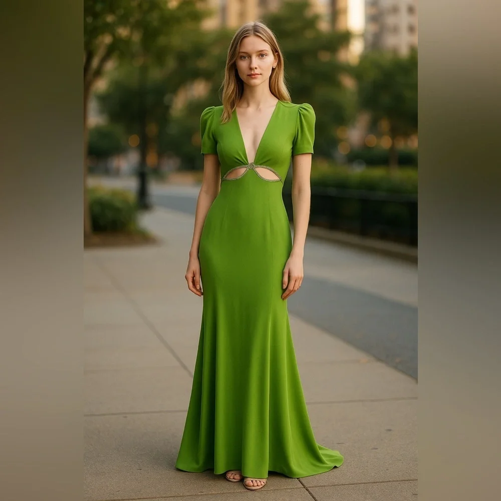 NWT Mac Duggal Plunge Neck Puff Sleeve Cut Out Gown Apple Green 0